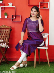 Neha Wine New Stylish ArtSilk Round Neack with Emrodery work  Kurti for Women