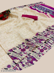 Women's Art Silk Kamamkari Printed Saree with Blouse Piece  