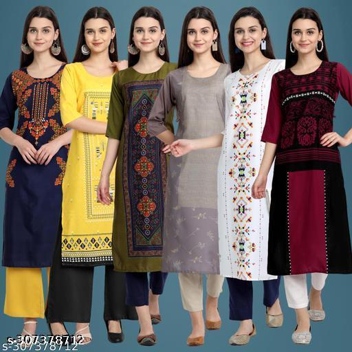Polyster/Crepe fabric-Latest Tranding Printed Kurti On Lowest Price & Best Quality pack 6