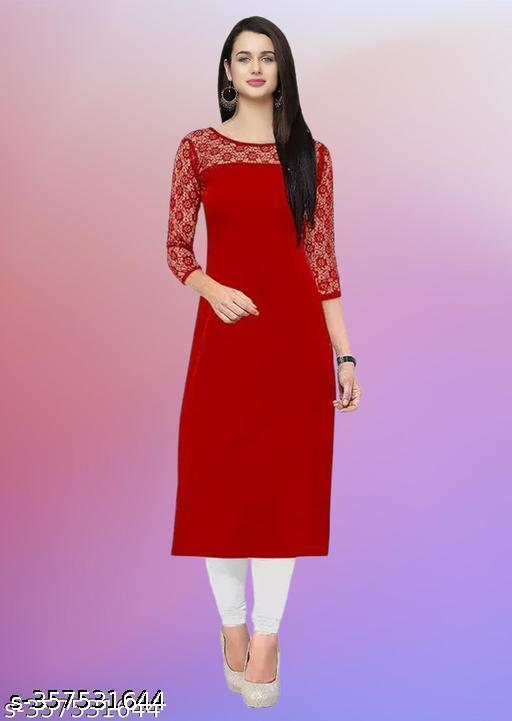 Polyster/Crepe fabric-Casual And Round-Neck 3/4 Length Sleeve Red Kurti (42"Inches)