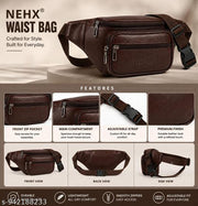 NEHX Brown Leather Waist Bag for Men & Women | Adjustable Strap Fanny Pack | Travel & Hiking Hip Bag |