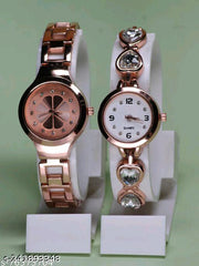 Flower Designed Premium Quality Analog Watch with Diamond Studded Attractive Metal Analog Watch Combo For Women