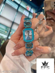 EFS Fashion Brand Wrist Watches Women Girl Beautiful Rectangle Colorful Gems Design Steel Metal Band Clock S72 02 - Blue Silver Crystal