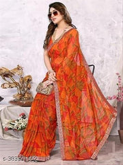 Orange Saree with Lace Border, Comfortable Georgette Printed Daily Wear Saree with unstitched Blouse Piece, New Arrival Latest saree, Trending Saree