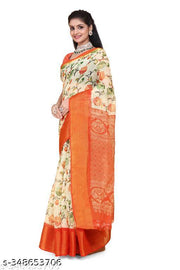 White Tusser Floral PolyCotton Saree for Women | Bright Color Semi-Transparent Daily Wear Sadi with Unstitched Blouse | Lightweight Saree Gift for Ladies