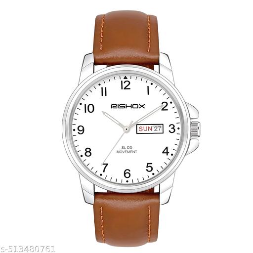 Analog New Track Number Dial Day Date Leather Strap Watch for Men – Premium Quality, Trending, Best Gift Pack. Brown Leather, White Dial. Celeb Choice, Most Selling Watch for Men/Boys. Perfect for Gents & Teens.