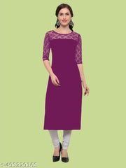 Casual American Crepe And Net Round-Neck 3/4 Length Sleeve Purple Kurti (45"Inches)
