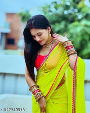 New Green Georgette Saree – Smooth Material with Beautiful Pink Lace Embroidery and Cotton Latkan – Perfect for Festive Events!