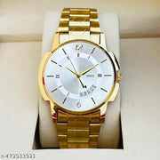 Latest Design Men's Watches Day-Date Black Dial & Original Gold Plated Adjustable Bracelet Quartz Analog Watch - For Men