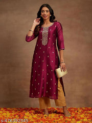Designer Silk Blend Straight Kurta || Women Embroidered Silk Blend Straight Kurta ||