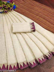 Top trending latest simple plain party wear/wedding Premium Plain Beige Cotton Silk Saree with Contrast Maroon Border & Jacquard Weaving