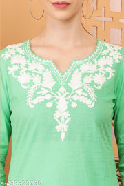 Trendy Womens Limegreen Embroidered Short Kurti