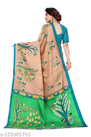 Women's Art Silk Kamamkari Printed Saree with Blouse Piece  
