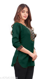 Trendy Embroidered Short Kurti for Women – Perfect for Daily Wear, Green Cotton Blend, Knee Length