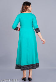 Stylist Women's Solid Printed Round Pleated Flared Kurti (Aqua Blue)