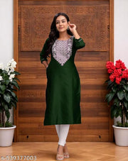Meesho New Launch latest Very Beautiful Green Color Simple Straight Embroidered Sequenca Work Designer Round Neck Women Kurti Kurta Dress