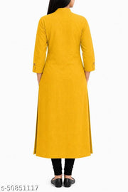 Trendy Attractive Traditional Women Yellow Solid Daily Wear A-Line Kurtis With Mandarin Collar & Pocket (Latest Design for Festive Season 2026)
