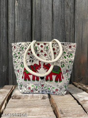 Elephant Charm Canvas Bag – Bold Red Print with Studded Handle