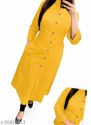 Trendy Attractive Traditional Women Yellow Solid Daily Wear A-Line Kurtis With Mandarin Collar & Pocket (Latest Design for Festive Season 2026)