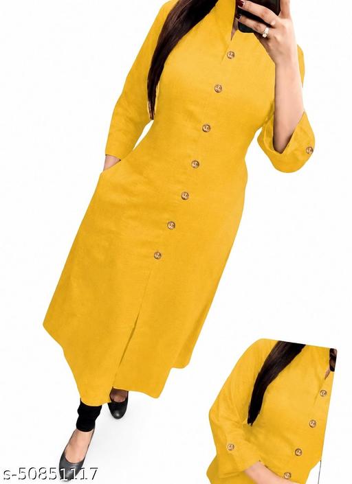 Trendy Attractive Traditional Women Yellow Solid Daily Wear A-Line Kurtis With Mandarin Collar & Pocket (Latest Design for Festive Season 2026)