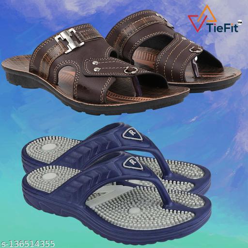 TieFit Men's Accupressure Non-Slip Slippers & TieFit Men's Thong Slipper Combo Pair Of 2