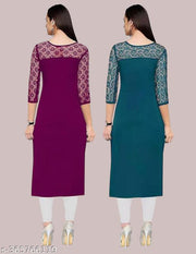 Pack of 1 Casual American Crepe And Net Round-Neck 3/4 Length Sleeves Wine & Rama Kurti (42"Inches)