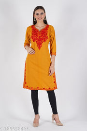 MUSTARD WOOLLEN EMBRODRY AARI WORK KURTI FOR WOMEN