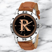 Krolexe Analog Round Black Dial ALPHABET R Design Stylish Beige Leather Strap Classic Design Fancy Wrist Watch for Men and Boys, Pack of 1 - ALP-R-AVO-SIL-TAN-CRL