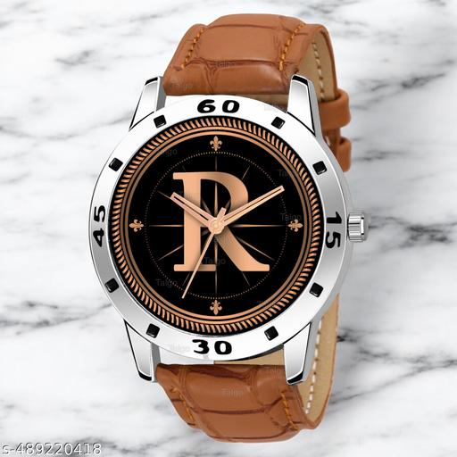 Krolexe Analog Round Black Dial ALPHABET R Design Stylish Beige Leather Strap Classic Design Fancy Wrist Watch for Men and Boys, Pack of 1 - ALP-R-AVO-SIL-TAN-CRL