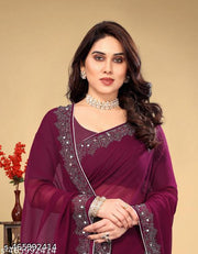 Women's Georgette Handloom Diamond Work Saree with Separate Blouse Piece
