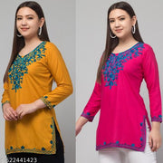 This is a very good and beautiful product. This fabric is also soft. This short kurti is good for summer. It is made of Kashmiri work_ Mustard_Pink