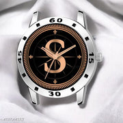 Welix Analog Round Black Dial ALPHABET S Design Stylish Black Leather Strap Classic Design Fancy Wrist Watch for Men and Boys, Pack of 1 - ALPHA-S-AVO-SIL-BLK-L