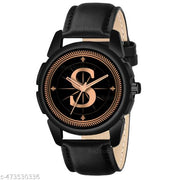 Prathshya Analog Round Black Dial ALPHABET S Design Stylish Black Leather Strap Classic Design Fancy Wrist Watch for Men and Boys, Pack of 1 - ALPHA-S-J16-BLK-L