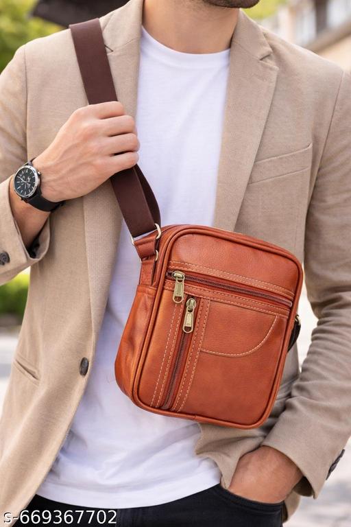 Men handbag sling | Leather side pouch men | Compact shoulder bag | Smart Men Sling Bag | PU Leather Crossbody Shoulder Bag for Office & Outdoor Use Tan