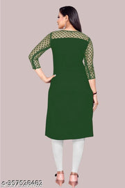Casual American Crepe And Net Round-Neck 3/4 Length Sleeves Dark Green Kurti (42"Inches)