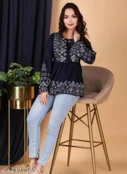 Flawsome Stylish Round Neck Full Length Printed Embroidery Work Above Knee Kurti For Women Fashion(Black)