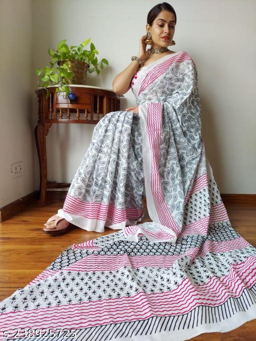 NEW PURE COTTON MULMUL HAND BLOCK PRINTED SAREE WITH BLOUSE