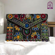 NAKASA Women's Jaipuri Handmade Damru Embroidery Small Black Clutch Cum Sling Bag