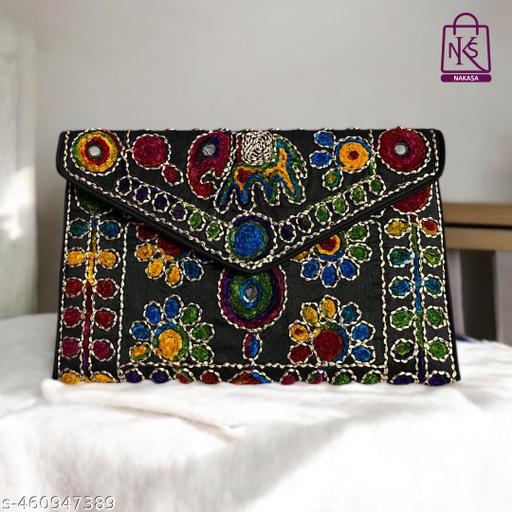 NAKASA Women's Jaipuri Handmade Damru Embroidery Small Black Clutch Cum Sling Bag