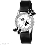 Diamond-Studded Flower Design Dial Analog Watch with Black PU Strap for Girls & Women (Pack of 1)