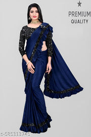 Blue Lycra Saree with Sequins Work Blouse | Modern Ruffle Saree for Women