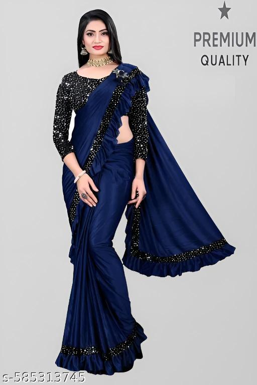 Blue Lycra Saree with Sequins Work Blouse | Modern Ruffle Saree for Women