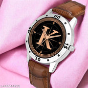 Welix Analog Round Black Dial ALPHABET K Design Stylish Brown Leather Strap Classic Design Fancy Wrist Watch for Men and Boys, Pack of 1 - ALPHA-K-AVO-SIL-DBRW-CRL
