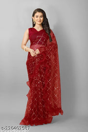 Net Fabric Sequence Work Ruffle Design Saree With Unstitch Blouse