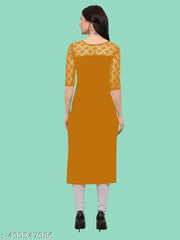 Casual American Crepe And Net Round-Neck 3/4 Length Sleeve Yellow Kurti (45"Inches)