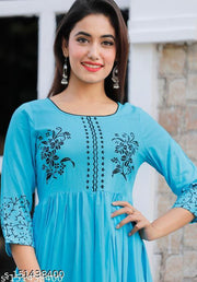 Women's Rayon Hand block Printed Long Flair Sky Blue Anarkali Kurti
