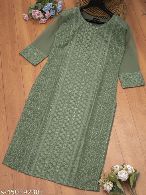 Chikankari Kurti For Women Latest (Calf Length, 3/4th Sleeve)