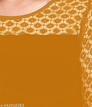 Casual American Crepe And Net Round-Neck 3/4 Length Sleeve Yellow Kurti (45"Inches)
