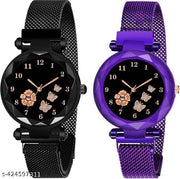Pack Of 2 Black Flower Printed Dial Luxury Magnetic Strap Girls Analog Watch