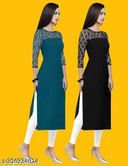 Polyster/Crepe fabric-Pack of 1 Casual And Round-Neck 3/4 Length Sleeves Rama & Black Kurti (42"Inches)